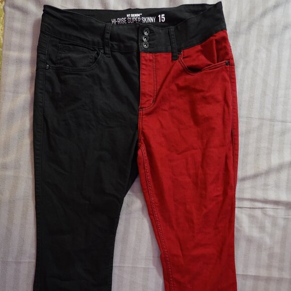 HT Denim Hi-Rise Skinny Red & Black Split Jeans Juniors 15 - Excellent Condition - Picture 1 of 5